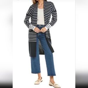 CAbi Boathouse Cardigan.  Navy and White striped with pockets.